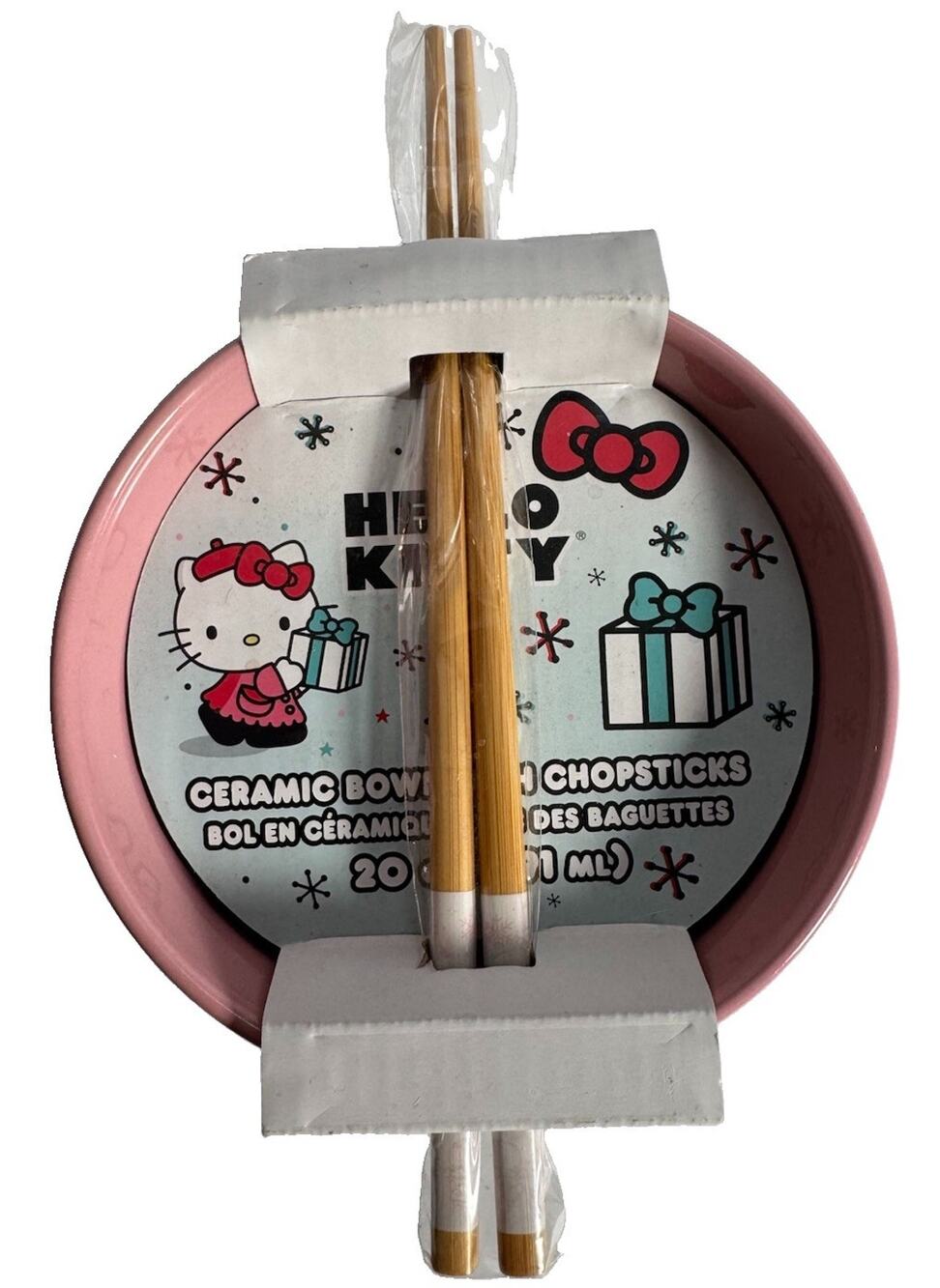 Hello Kitty Holiday Ceramic Bowl Chopsticks Set 20 oz Pink Warm Wishes NWT